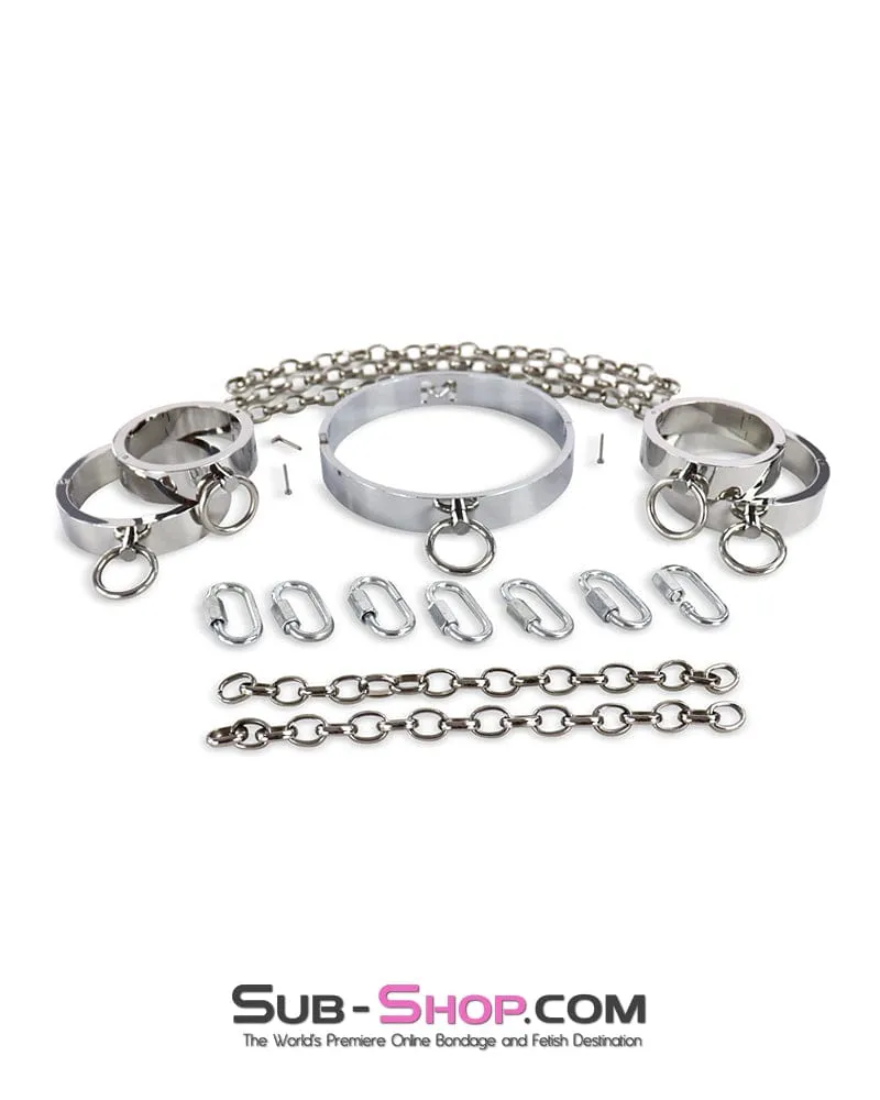 0173M  Surrendered in Desire Chained Steel Collar. Wrist and Ankle Cuffs