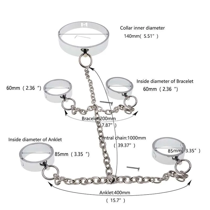 0173M  Surrendered in Desire Chained Steel Collar. Wrist and Ankle Cuffs