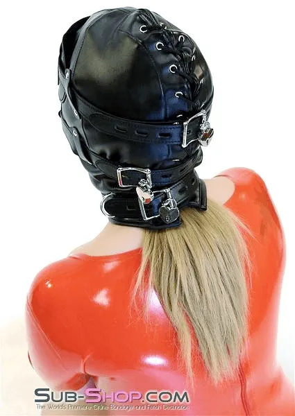 0194SM-SIS      Total Lockdown Full Locking Sissy BDSM Mistress for Hire Hood with Removable Blindfold & Penis Gag