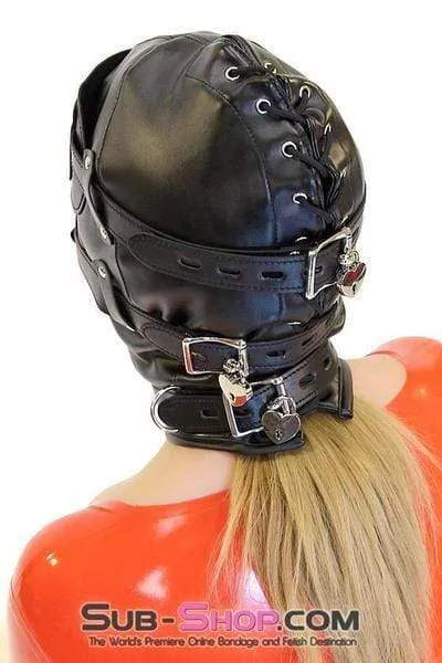 0194SM-SIS      Total Lockdown Full Locking Sissy BDSM Mistress for Hire Hood with Removable Blindfold & Penis Gag