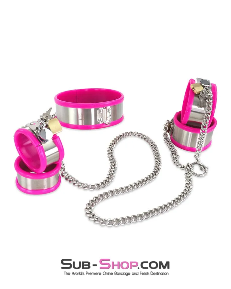 0262M  5-Piece Stainless Steel Collar. Cuffs & Leash Bondage Set with Pink Rubber Lining