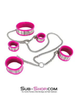 0262M  5-Piece Stainless Steel Collar. Cuffs & Leash Bondage Set with Pink Rubber Lining