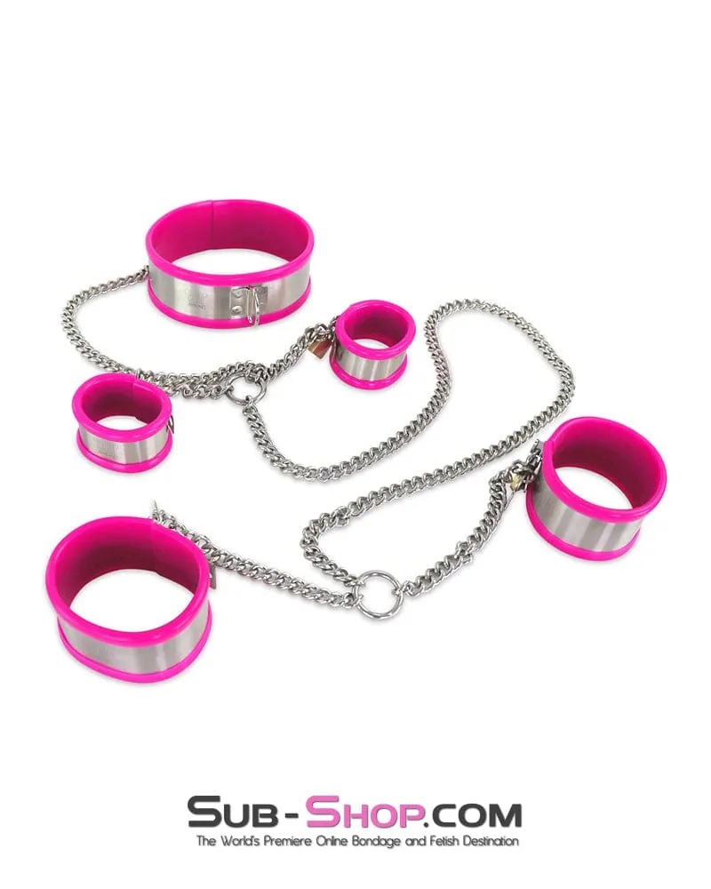 0262M  5-Piece Stainless Steel Collar. Cuffs & Leash Bondage Set with Pink Rubber Lining