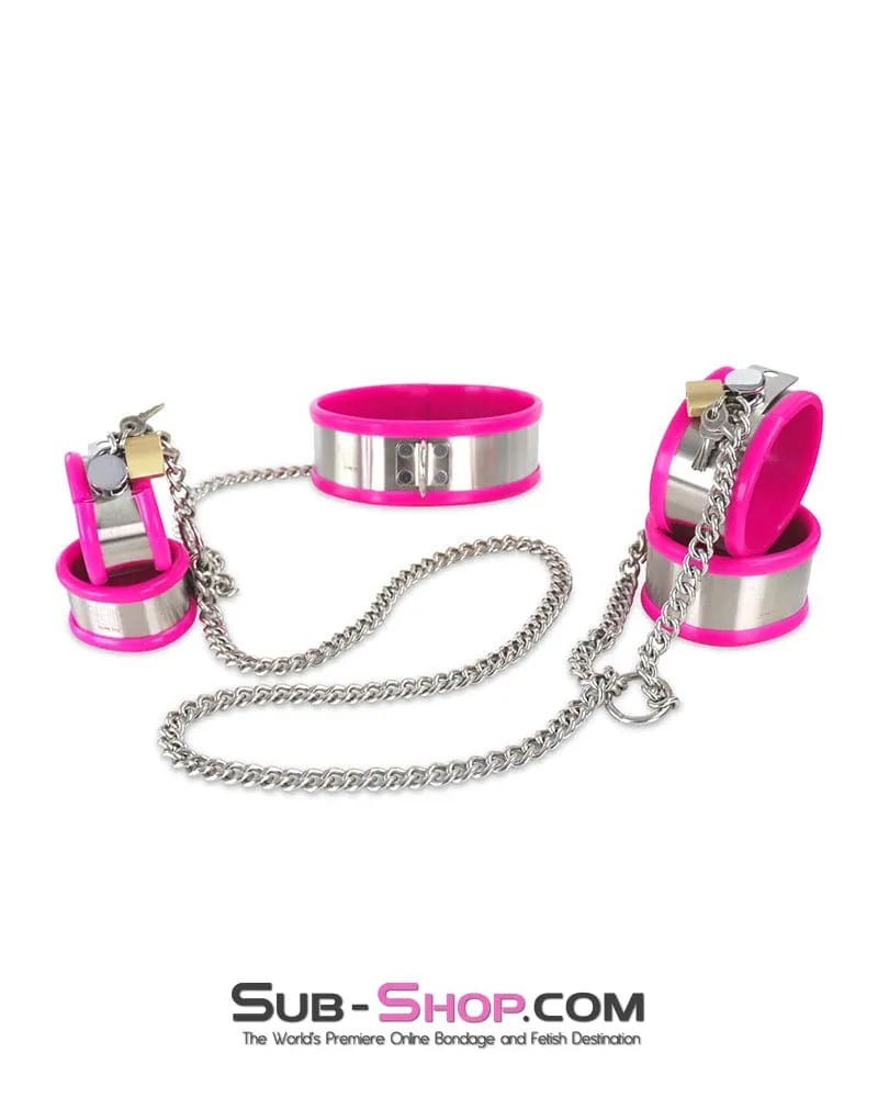 0262M  5-Piece Stainless Steel Collar. Cuffs & Leash Bondage Set with Pink Rubber Lining