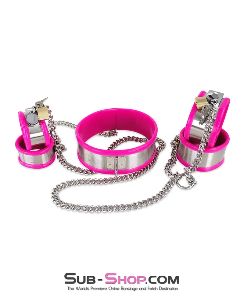 0262M  5-Piece Stainless Steel Collar. Cuffs & Leash Bondage Set with Pink Rubber Lining
