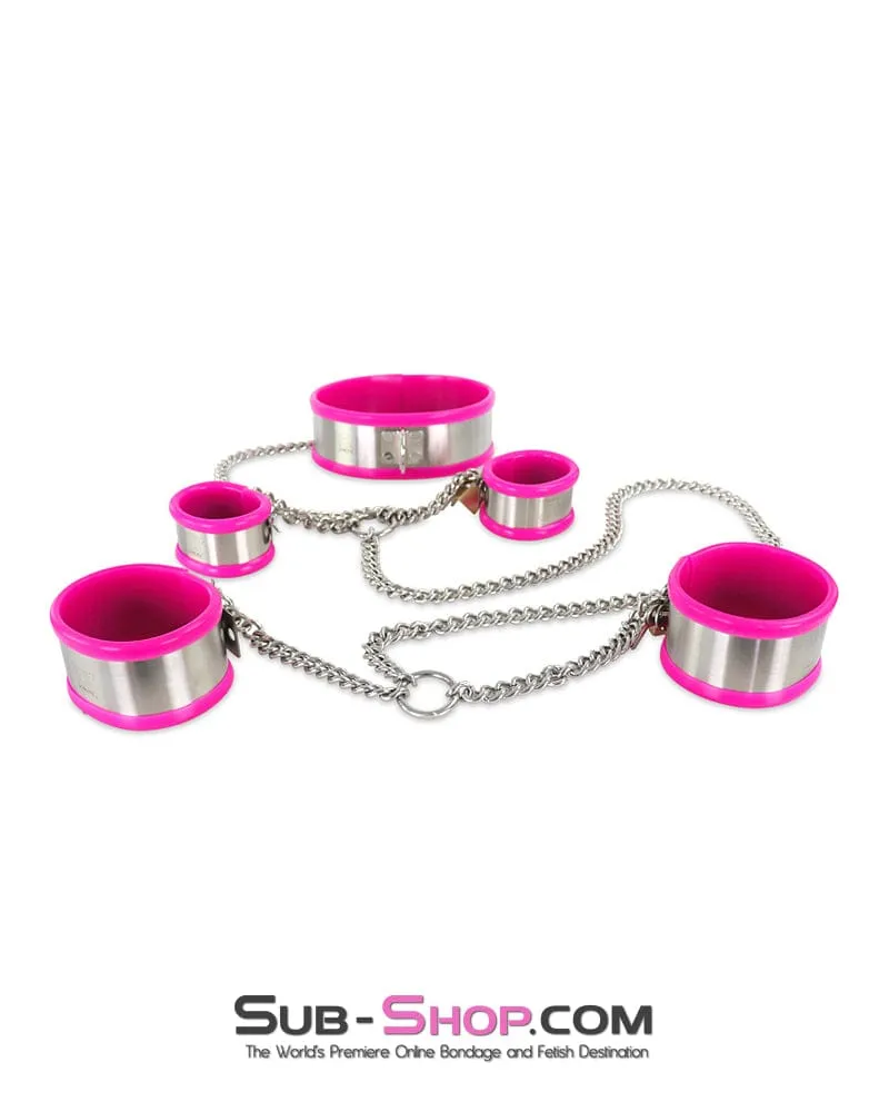 0262M  5-Piece Stainless Steel Collar. Cuffs & Leash Bondage Set with Pink Rubber Lining