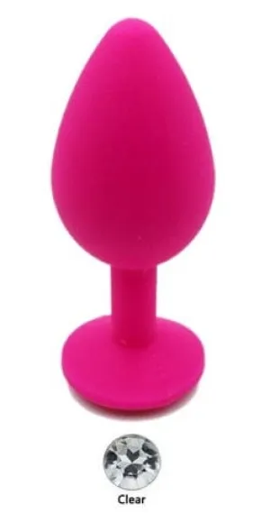 0480AE  Soft Silicone Butt Plug. Medium Hot Pink Plug. Rhinestone Crystal  - LAST CHANCE - Final Closeout!