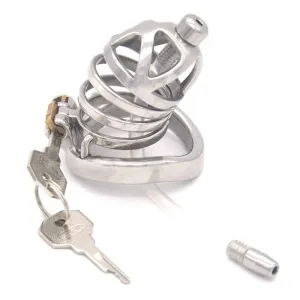 0687M      Steel Cage Locking Chastity with Cum Thru Urethral Probe