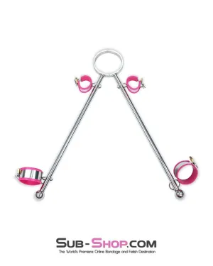 0739M-SIS      Iron Maiden Tripod Sissy Boi Bondage Collar Dominatrix Sissy Rig with Pink Rubber Lined Steel Wrist and Ankle Cuffs