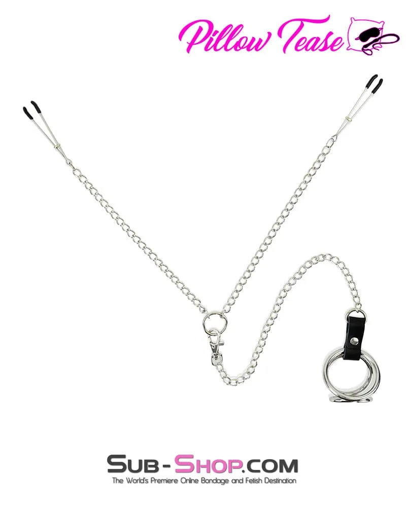 1758AR      Cock and Balls Ring With Connected Tweezer Nipple Clamps