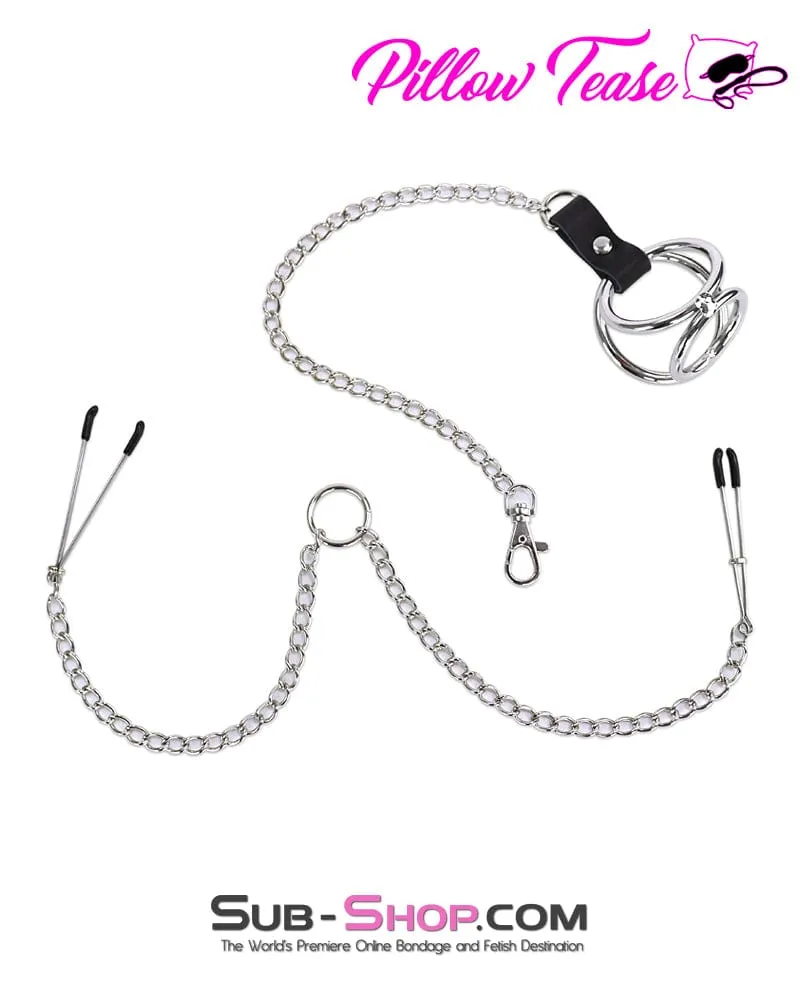 1758AR      Cock and Balls Ring With Connected Tweezer Nipple Clamps