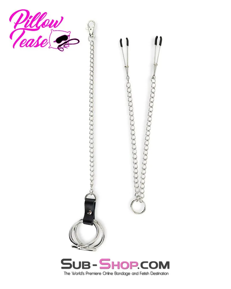 1758AR      Cock and Balls Ring With Connected Tweezer Nipple Clamps