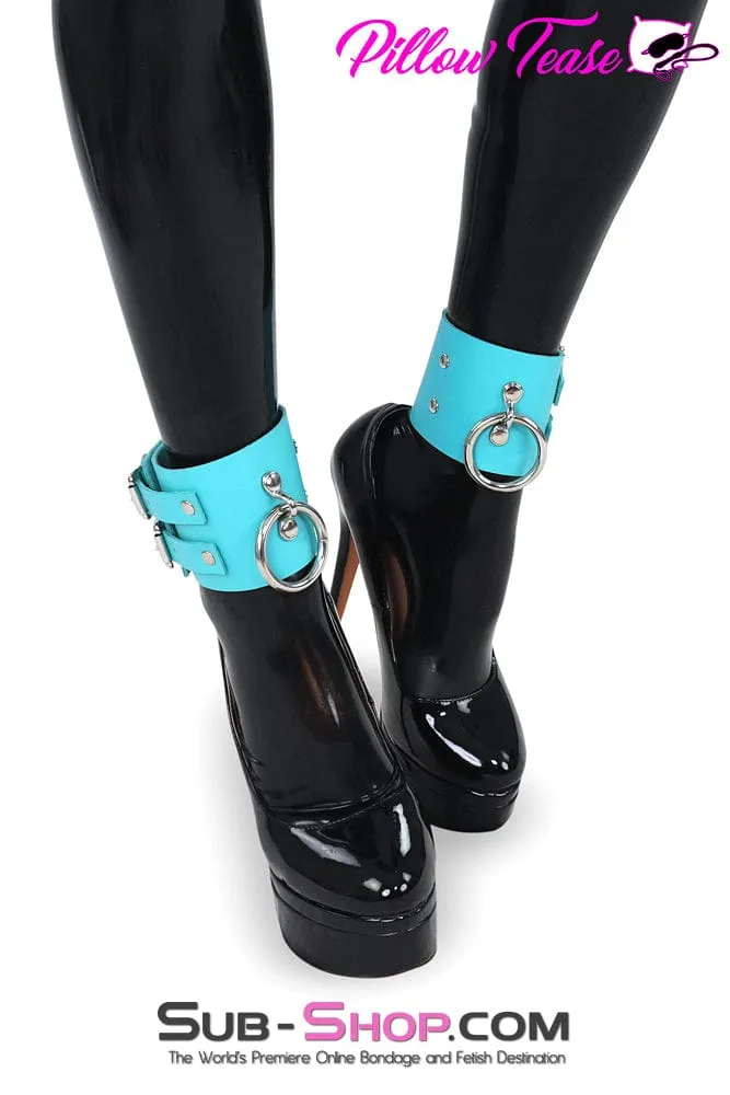 2490A      3 Diamond Blue Leather Ankle Bondage Cuffs