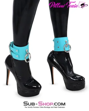 2490A      3 Diamond Blue Leather Ankle Bondage Cuffs