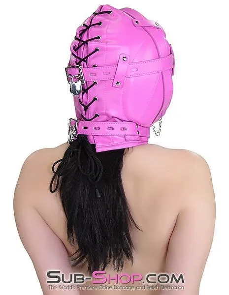 5762RS-SIS      Hot Pink Put a Plug In Fetish Services It Locking Sissy Boi Bondage Hood with Plug Gag
