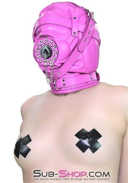 5762RS-SIS      Hot Pink Put a Plug In Fetish Services It Locking Sissy Boi Bondage Hood with Plug Gag