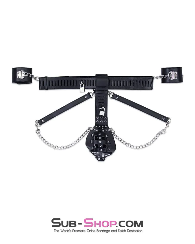 7215M-SIS      Locking Male Sissy Chastity Cage Belt with Chained Locking Wrist Cuffs