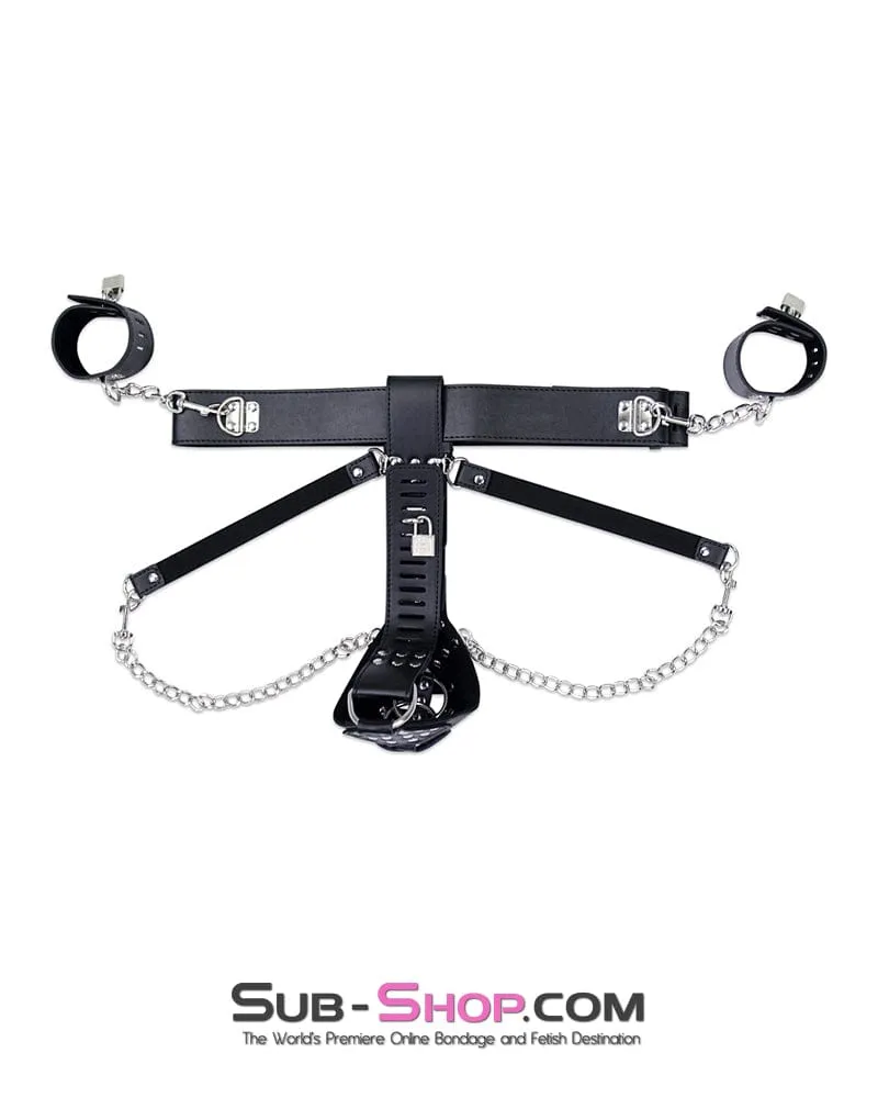 7215M-SIS      Locking Male Sissy Chastity Cage Belt with Chained Locking Wrist Cuffs