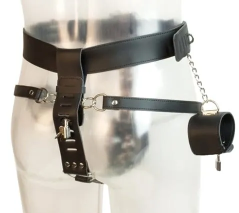 7215M-SIS      Locking Male Sissy Chastity Cage Belt with Chained Locking Wrist Cuffs