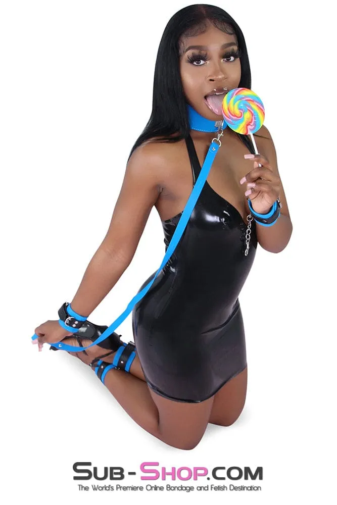 8985MQ-SIS      Tantric Blue Sissy Bitch Wrist Cuffs with Removable Connection Chain
