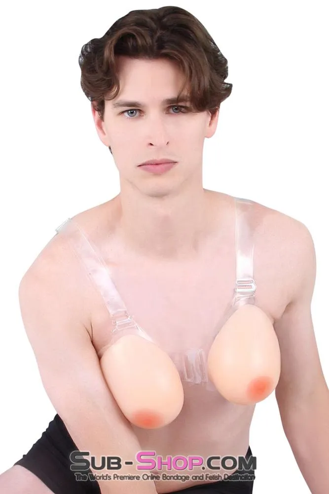9877RS-SIS      Gia Real Forced Feminization Fantasy Female Led Relationship Feel Silicone Crossdressing Sissy Breast Forms with Nipples and Clear Straps. DD Cup