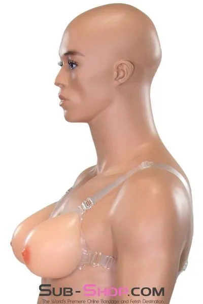 9877RS-SIS      Gia Real Forced Feminization Fantasy Female Led Relationship Feel Silicone Crossdressing Sissy Breast Forms with Nipples and Clear Straps. DD Cup