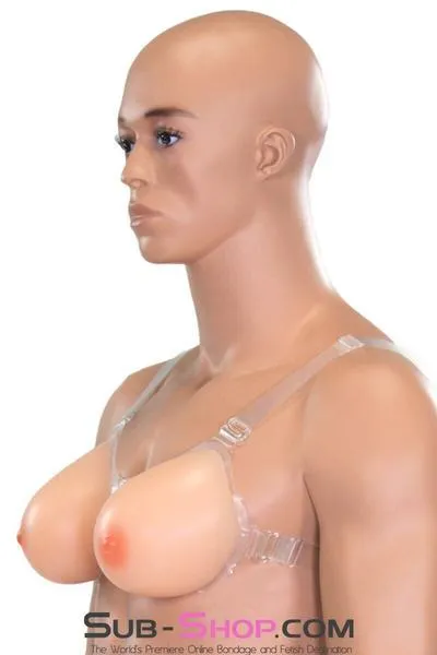 9877RS-SIS      Gia Real Forced Feminization Fantasy Female Led Relationship Feel Silicone Crossdressing Sissy Breast Forms with Nipples and Clear Straps. DD Cup