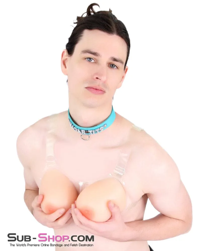 9877RS-SIS      Gia Real Forced Feminization Fantasy Female Led Relationship Feel Silicone Crossdressing Sissy Breast Forms with Nipples and Clear Straps. DD Cup