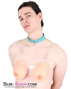 9877RS-SIS      Gia Real Forced Feminization Fantasy Female Led Relationship Feel Silicone Crossdressing Sissy Breast Forms with Nipples and Clear Straps. DD Cup