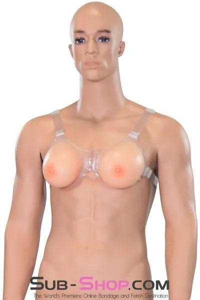 9877RS-SIS      Gia Real Forced Feminization Fantasy Female Led Relationship Feel Silicone Crossdressing Sissy Breast Forms with Nipples and Clear Straps. DD Cup