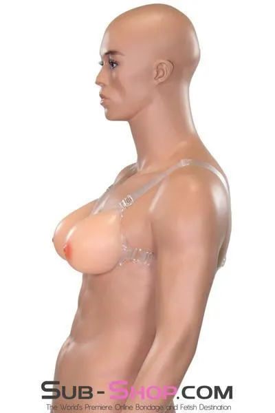 9877RS-SIS      Gia Real Forced Feminization Fantasy Female Led Relationship Feel Silicone Crossdressing Sissy Breast Forms with Nipples and Clear Straps. DD Cup