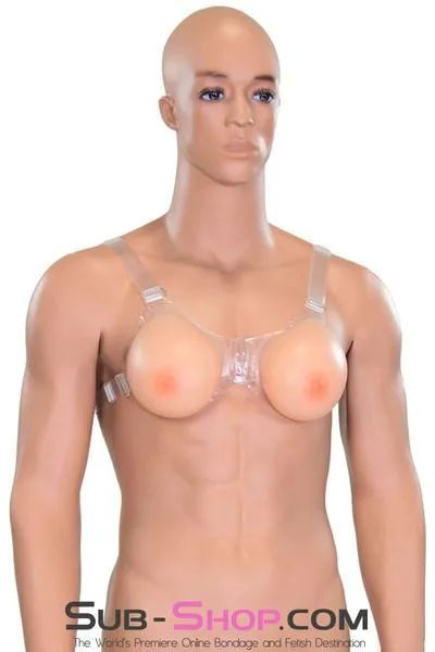 9877RS-SIS      Gia Real Forced Feminization Fantasy Female Led Relationship Feel Silicone Crossdressing Sissy Breast Forms with Nipples and Clear Straps. DD Cup