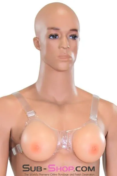 9877RS-SIS      Gia Real Forced Feminization Fantasy Female Led Relationship Feel Silicone Crossdressing Sissy Breast Forms with Nipples and Clear Straps. DD Cup