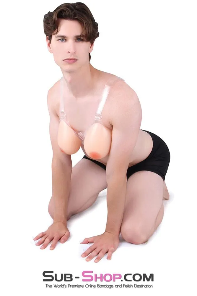 9877RS-SIS      Gia Real Forced Feminization Fantasy Female Led Relationship Feel Silicone Crossdressing Sissy Breast Forms with Nipples and Clear Straps. DD Cup