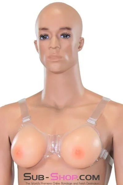 9877RS-SIS      Gia Real Forced Feminization Fantasy Female Led Relationship Feel Silicone Crossdressing Sissy Breast Forms with Nipples and Clear Straps. DD Cup