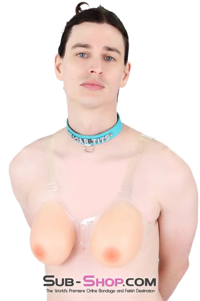 9877RS-SIS      Gia Real Forced Feminization Fantasy Female Led Relationship Feel Silicone Crossdressing Sissy Breast Forms with Nipples and Clear Straps. DD Cup