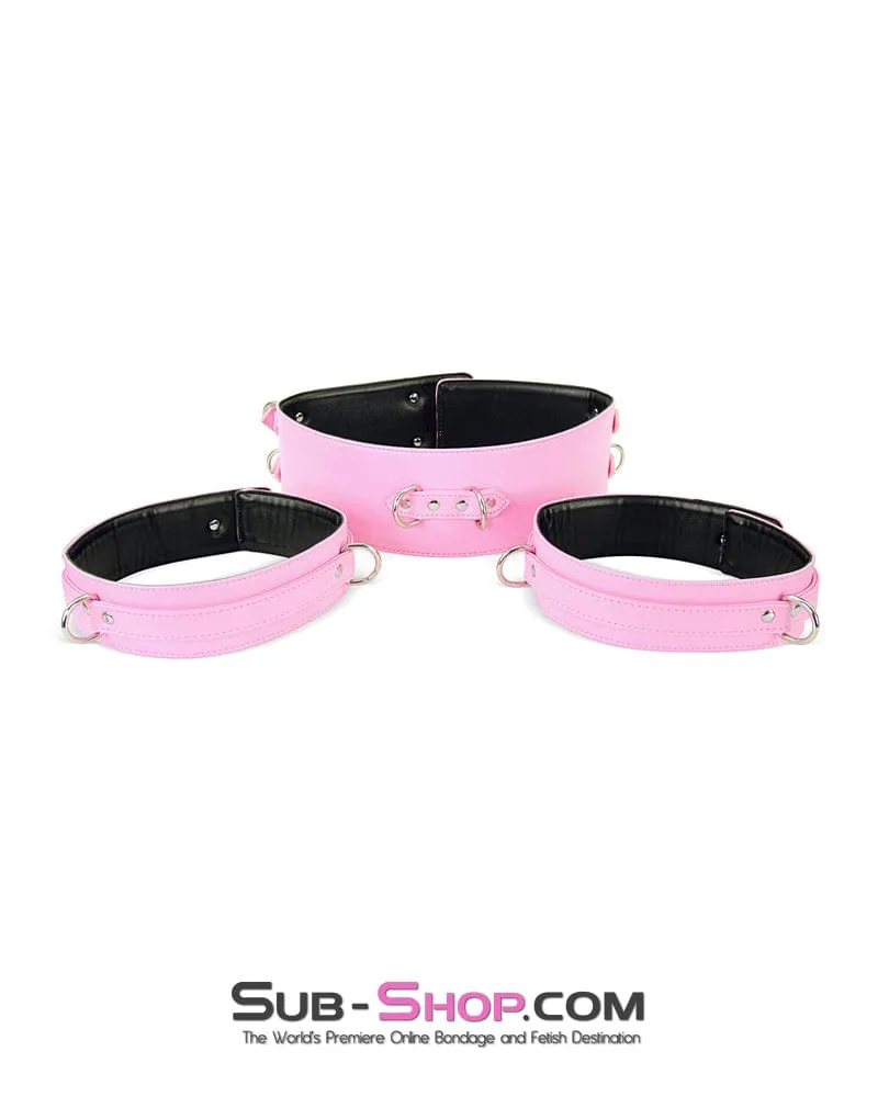 9945M-SIS      Pink Padded Sissy Boi Bondage Belt. Feminization Sissy Maid Thigh Cuffs. Wrist Cuffs and Connector Strap