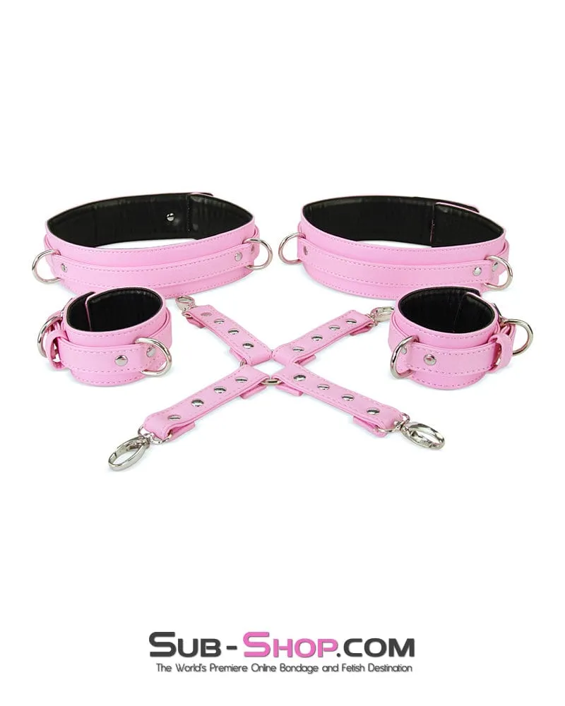 9945M-SIS      Pink Padded Sissy Boi Bondage Belt. Feminization Sissy Maid Thigh Cuffs. Wrist Cuffs and Connector Strap