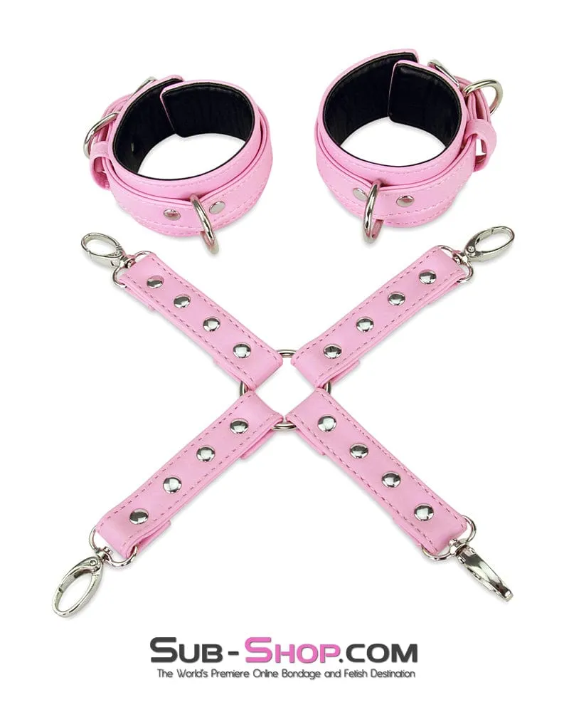 9945M-SIS      Pink Padded Sissy Boi Bondage Belt. Feminization Sissy Maid Thigh Cuffs. Wrist Cuffs and Connector Strap