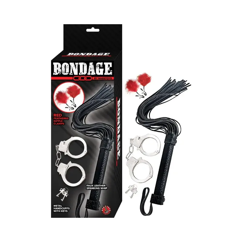 Bondage by Nasstoys Whip. Feather and Cuffs Red Bondage Kit