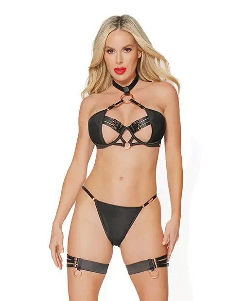 Bondage Lingerie Bra. G-String & Leg Garters with Adjustable BDSM Collar Choker