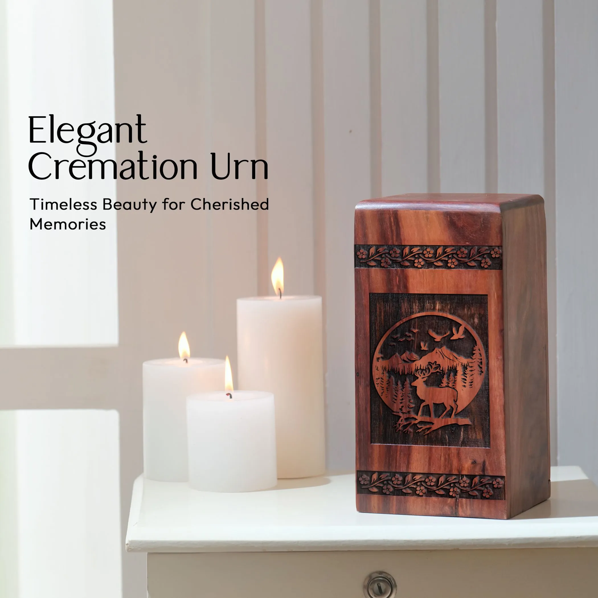 Deer Cremation Wooden Large Urn for Adult Female Ashes