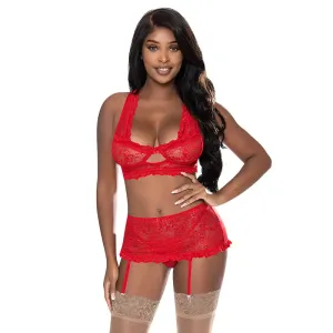 Magic Silk Ooh La Lace Bralette. Garter Skirt & G-String Set Red L/XL