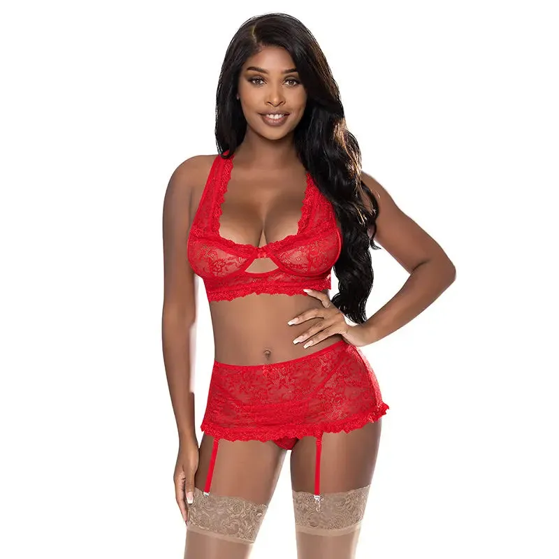 Magic Silk Ooh La Lace Bralette. Garter Skirt & G-String Set Red L/XL