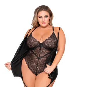 Plus Size Lingerie Double-Layer-Front Teddy and Slip with Attached Garters