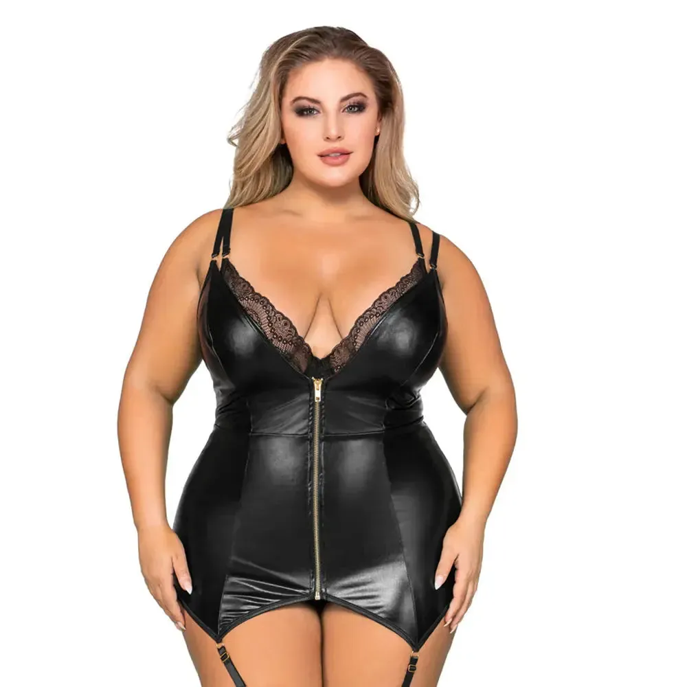Plus Size Lingerie Double-Layer-Front Teddy and Slip with Attached Garters