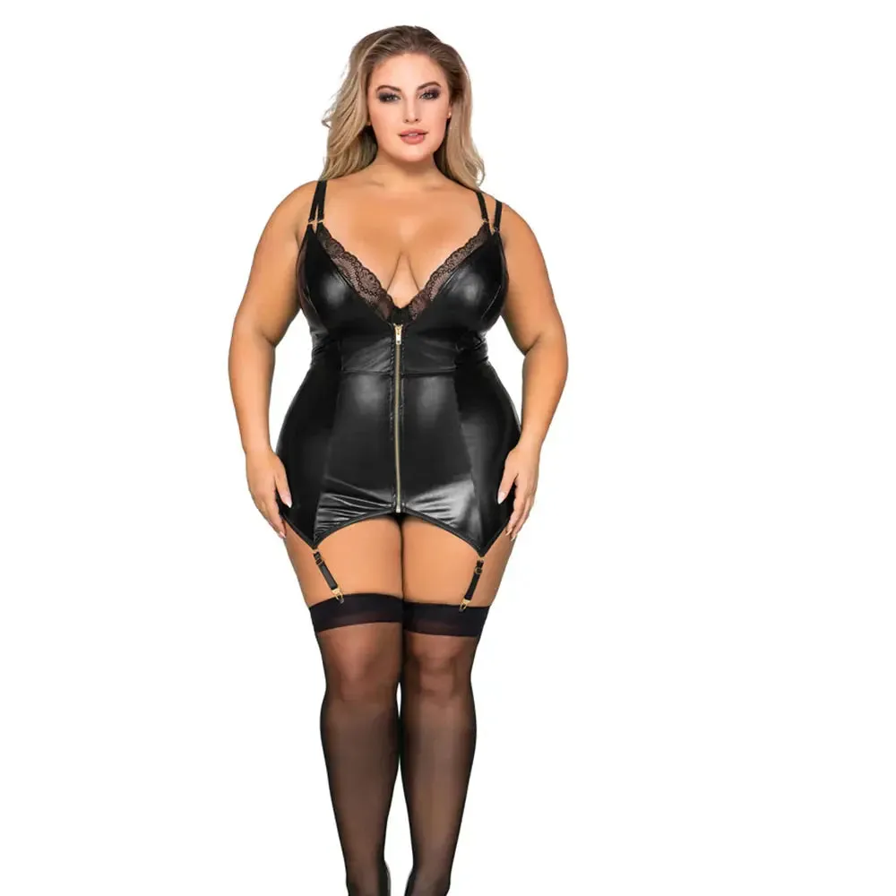 Plus Size Lingerie Double-Layer-Front Teddy and Slip with Attached Garters