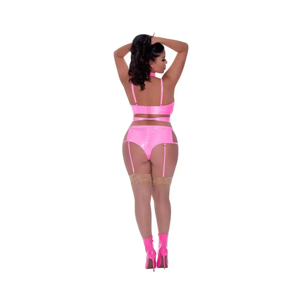 Plus Size Pink Wet Look Lingerie Hard Candy Demi Bra. Harness & Garter Panty Pink Queen Size