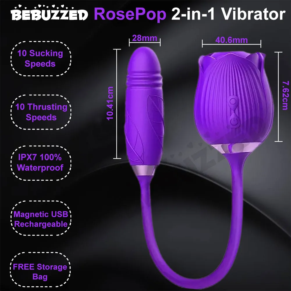 Rose-Pop 2-in-1 Air Pulse Sucking Clitoral Stimulator   Thrusting Dildo Vibrator