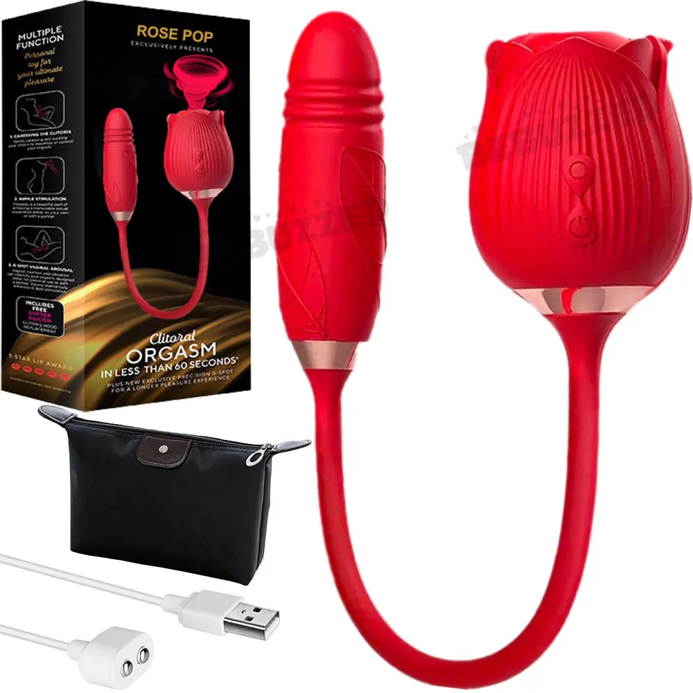 Rose-Pop 2-in-1 Air Pulse Sucking Clitoral Stimulator   Thrusting Dildo Vibrator